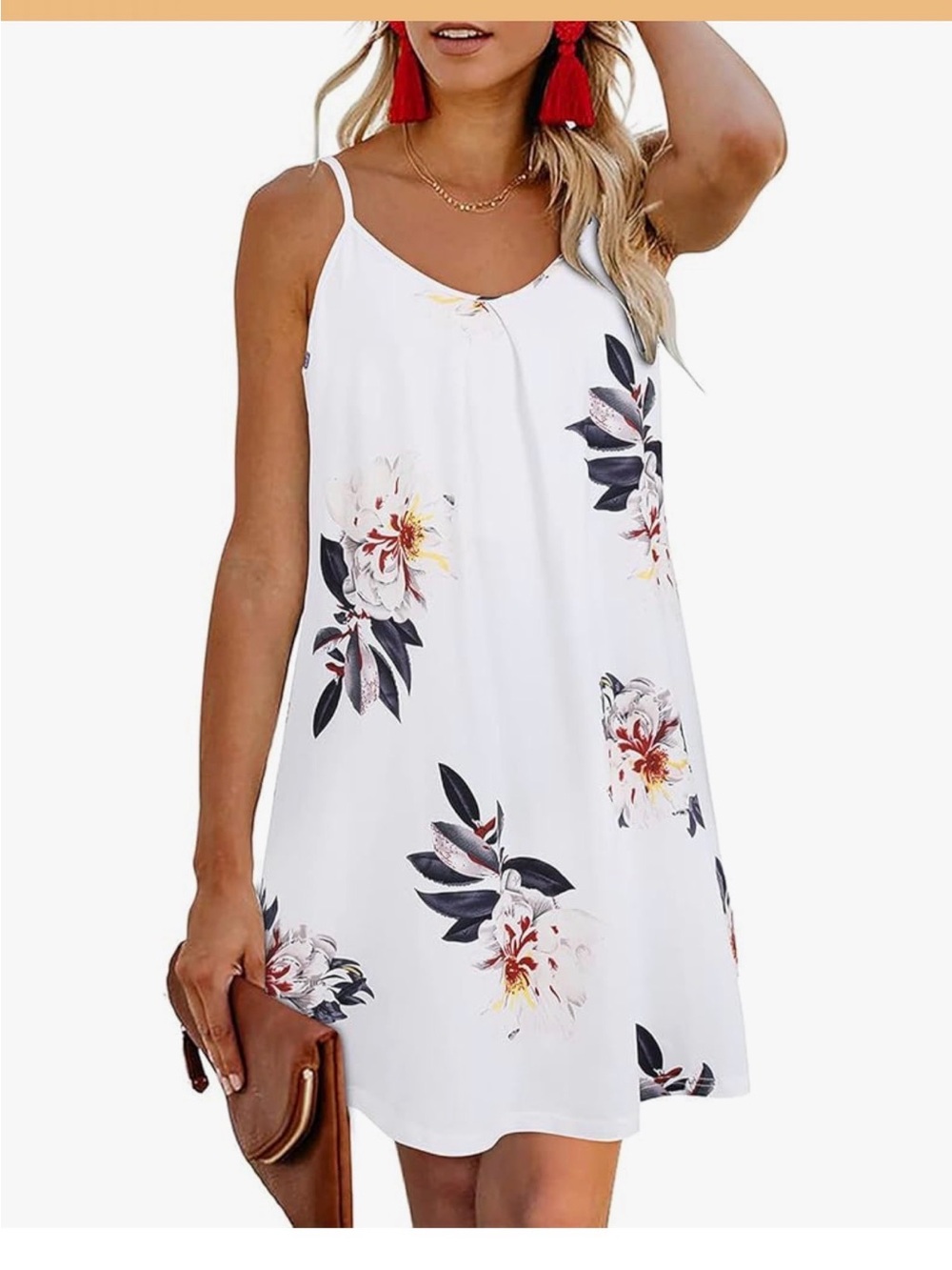 White Floral Slip Dress with Navy & Coral Blooms